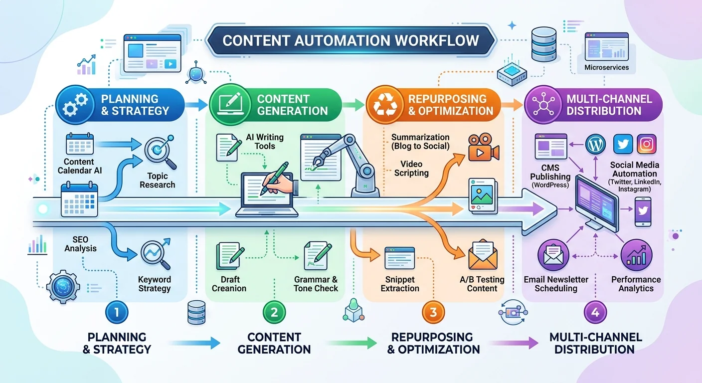 Content marketing automation workflow diagram showing connected stages from planning to distribution