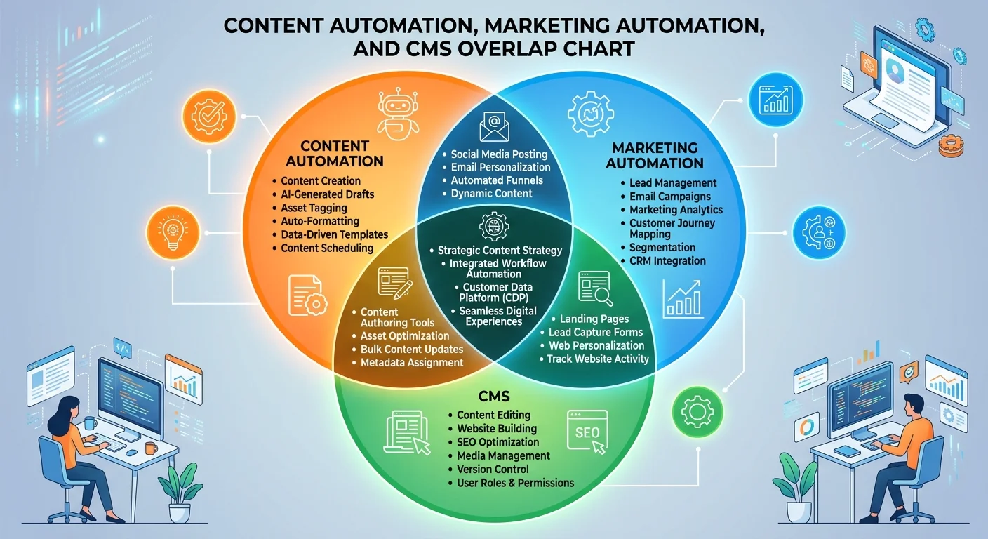 Venn diagram comparing content marketing automation with marketing automation and CMS features