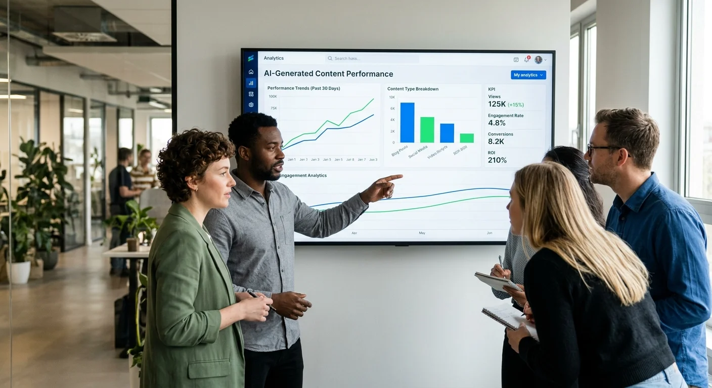 Marketing team analyzing AI content tool performance metrics on a dashboard