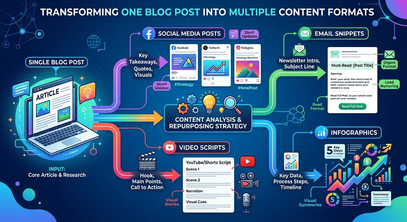 Content repurposing workflow diagram showing one blog post becoming multiple content formats