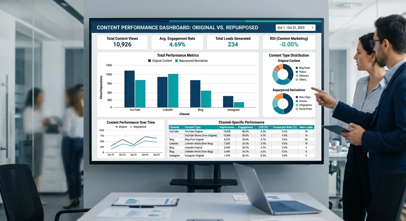 Marketing analytics dashboard comparing original and repurposed content performance