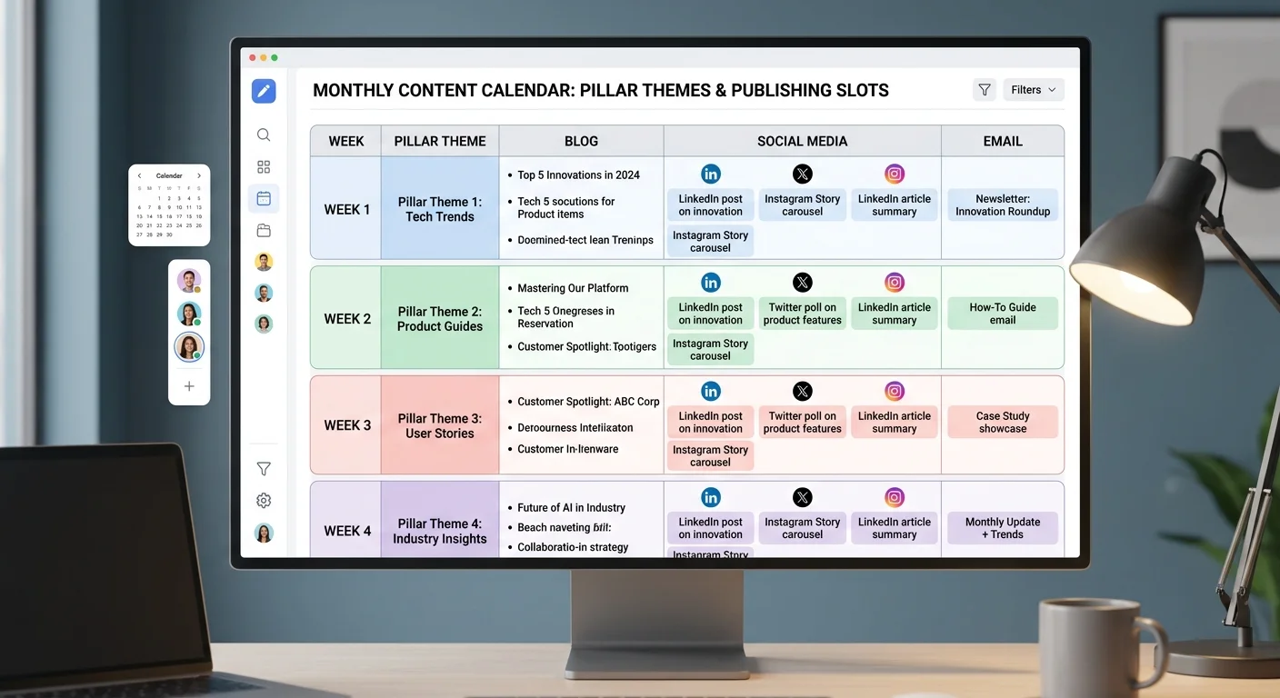 Content calendar template with pillar themes mapped to channels